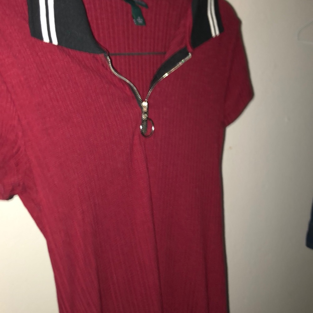 A burgundy dress nice tight fitted.